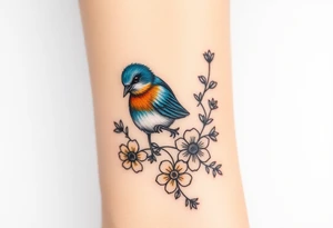 Angry bluebird surrounded by wild flowers tattoo idea