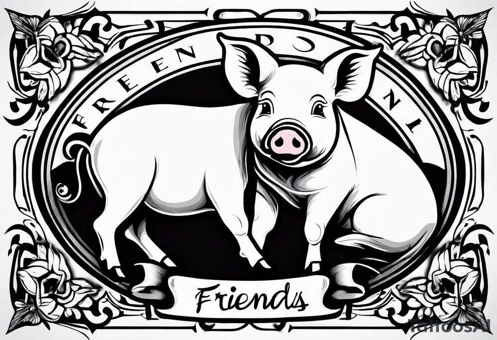 cute pig or piglet that contains text: "friends. not food" 

only very thin lines. no shading. black and white only tattoo idea