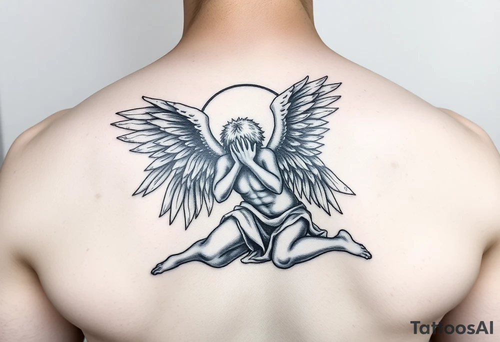 Man fallen angel on his knees tattoo idea