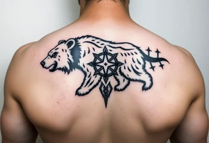 Nordic Viking themed bear on shoulder Vegvisir symbol tribal elder furthark bicep band tattoo idea