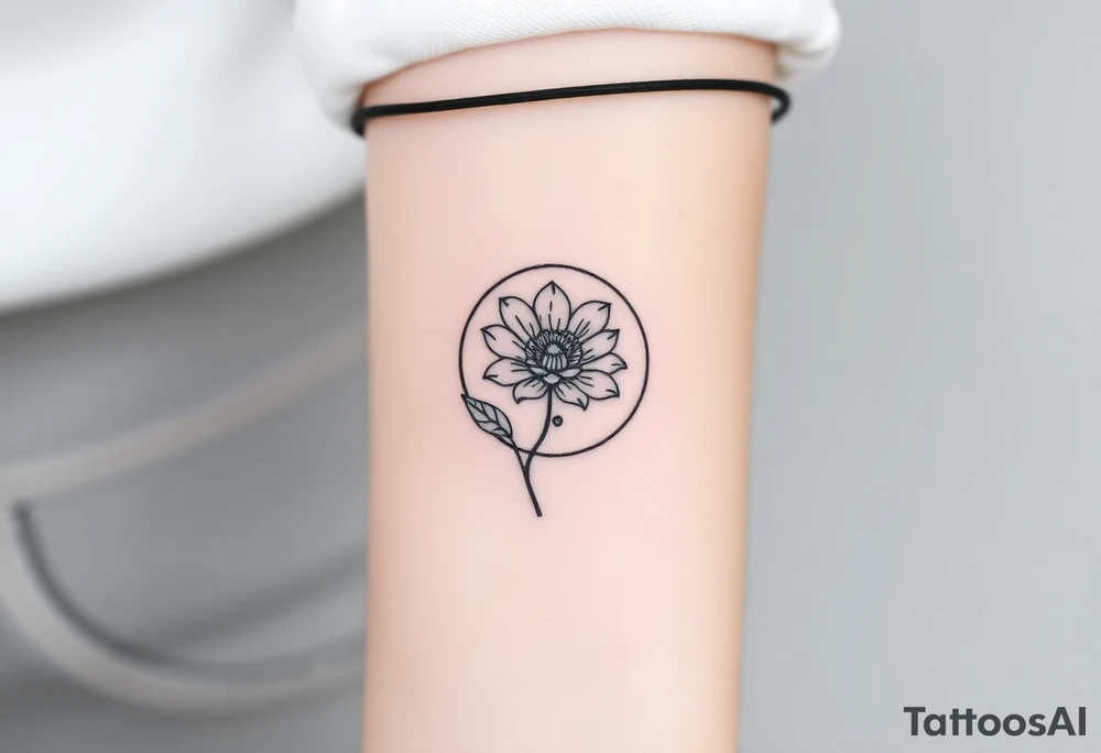 Small black ink tattoo with full moon, small chrysanthemum and tiny scorpio gliph inside moon tattoo idea
