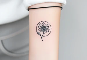 Small black ink tattoo with full moon, small chrysanthemum and tiny scorpio gliph inside moon tattoo idea