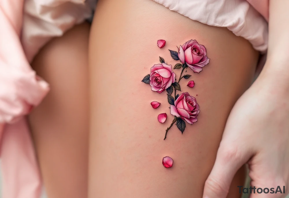 Mini tattoo of rose petals falling, in rose gold ink on pale skin, graceful and symbolic. tattoo idea