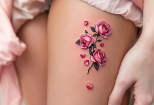 Mini tattoo of rose petals falling, in rose gold ink on pale skin, graceful and symbolic. tattoo idea