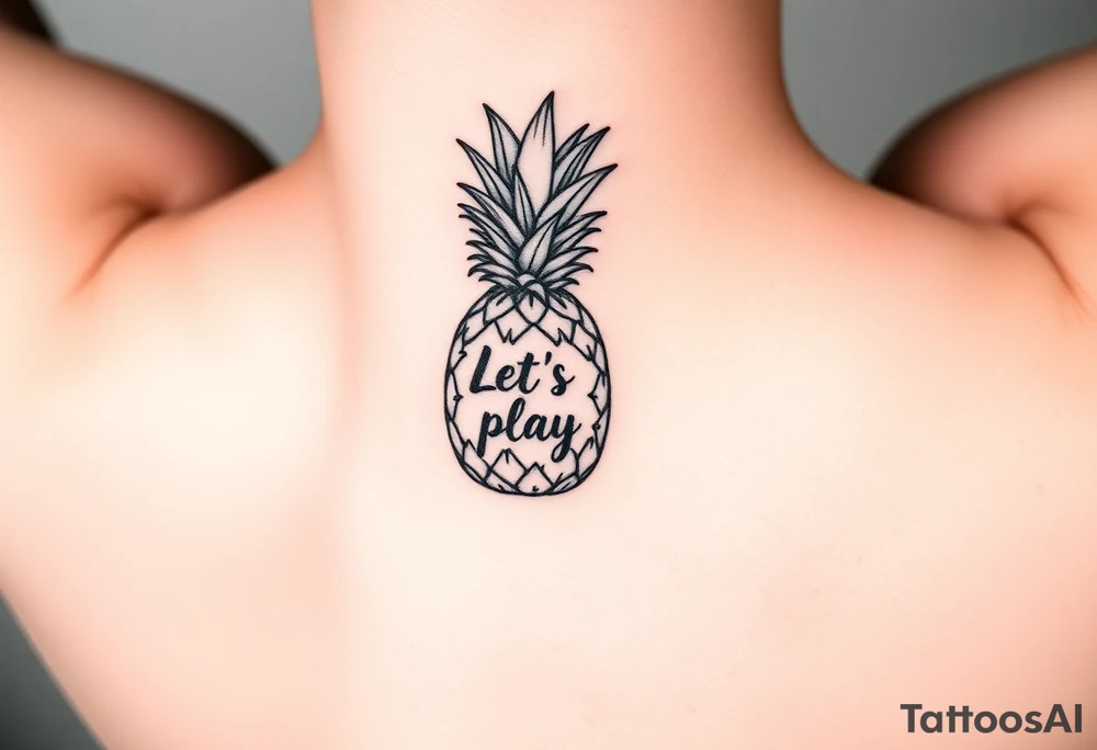 A black ink wrist tattoo featuring a realistic yet minimalistic pineapple. The pineapple is finely detailed with clean, precise lines, capturing the natural texture of the fruit while keeping the design subtle and uncluttered. Inside the body of the pineapple, the phrase "Let's play" is clearly placed in a bold but not overly thick font, ensuring readability while maintaining balance with the overall design. The leaves of the pineapple have a fine-line style with slight variations in thickness for a natural feel. The tattoo blends fine details with subtle bold elements, creating a clean and modern aesthetic. tattoo idea