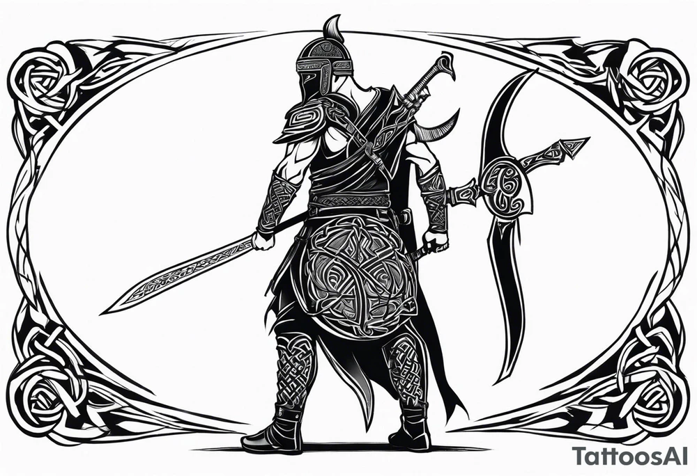 Full body side profile of Celtic warrior with weapons drawn tattoo idea