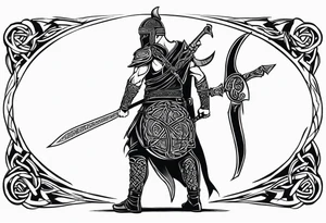 Full body side profile of Celtic warrior with weapons drawn tattoo idea