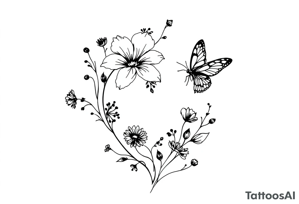Flowers, heart and buttherfly with name Zackary and Charlie tattoo idea