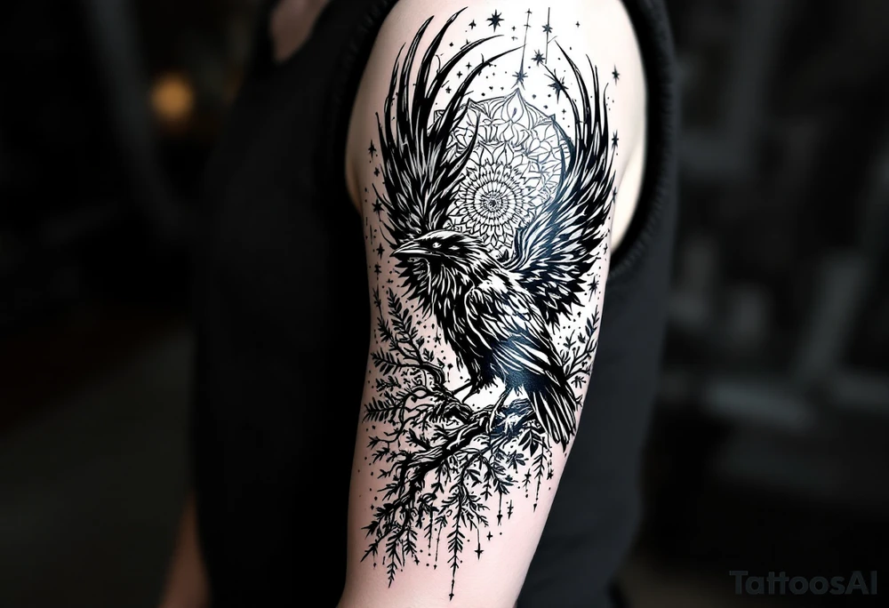 left arm tattoo of a raven on a branch surrounded by mandala tattoo idea