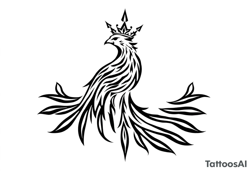 Pheonix wearing a crown with flowy long tail tattoo idea