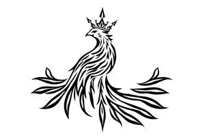 Pheonix wearing a crown with flowy long tail tattoo idea