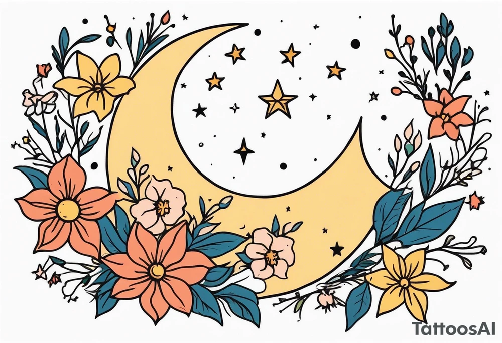 stars and moon

old school vintage simple traditional design with vintage flowers surrounding
bold color simple tattoo idea