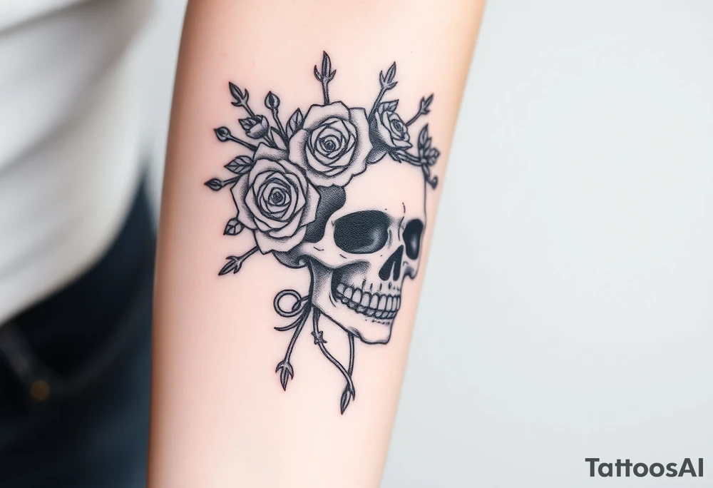 ornate skull adorned with crown of wild roses and thorns tattoo idea