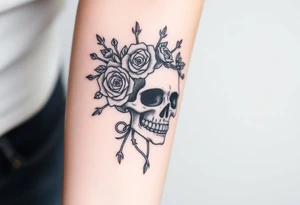 ornate skull adorned with crown of wild roses and thorns tattoo idea