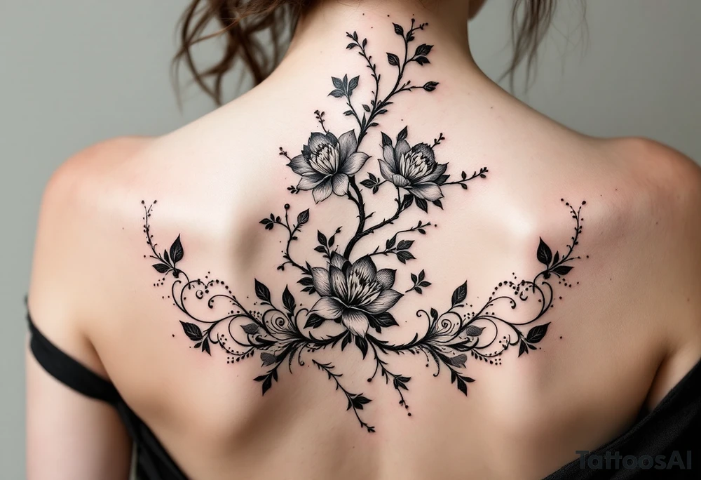 1.	Cherry Blossom Flow (Central Spine): A cascading cherry blossom flowing vertically along the spine to cover the central portion of the existing tattoo. Symmetrical patterns inspired by ornamental designs, with intricate curves and dotwork extending outward from the base of the spine. These elements should balance the floral motif and enhance the lower back area with a decorative, feminine flair.
	3.	Dotwork and Contouring: Delicate linework and dot patterns should be added around the floral design to give texture and seamlessly blend the tattoo with the surrounding skin. The ornamentation should curve naturally along the shape of the body, creating a cohesive, elegant look. tattoo idea