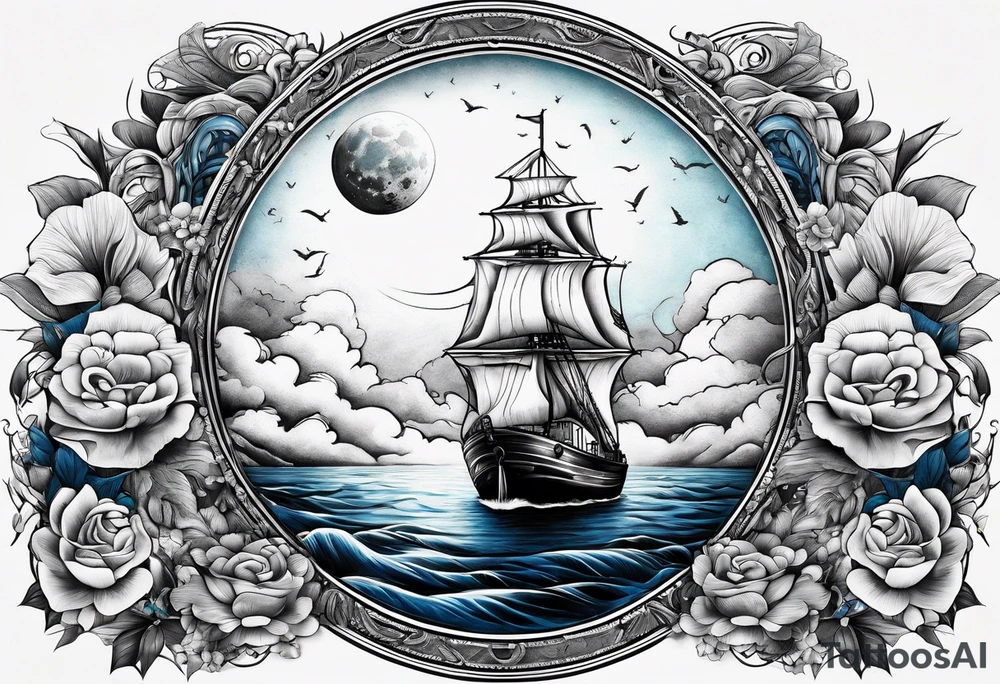 bateau, phare maritime et lune bleu tattoo idea