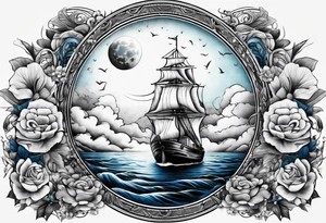 bateau, phare maritime et lune bleu tattoo idea