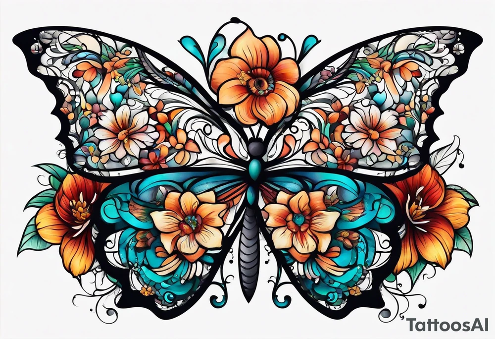 Half butterfly half flower tattoo idea