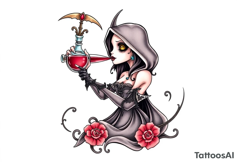 Female grim drinks death potion to get reaper powers tattoo idea