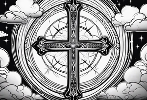 a simple religious cross, surrounded by clouds tattoo idea