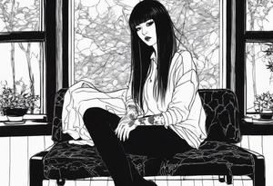 Portrait of tomie sitting on a chair. Tomie is a character of the autor junji ito
 Add some blood marks around. More blood splating around her tattoo idea