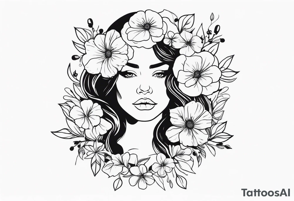 Powerful women’s face with flowers around tattoo idea