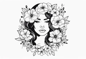 Powerful women’s face with flowers around tattoo idea
