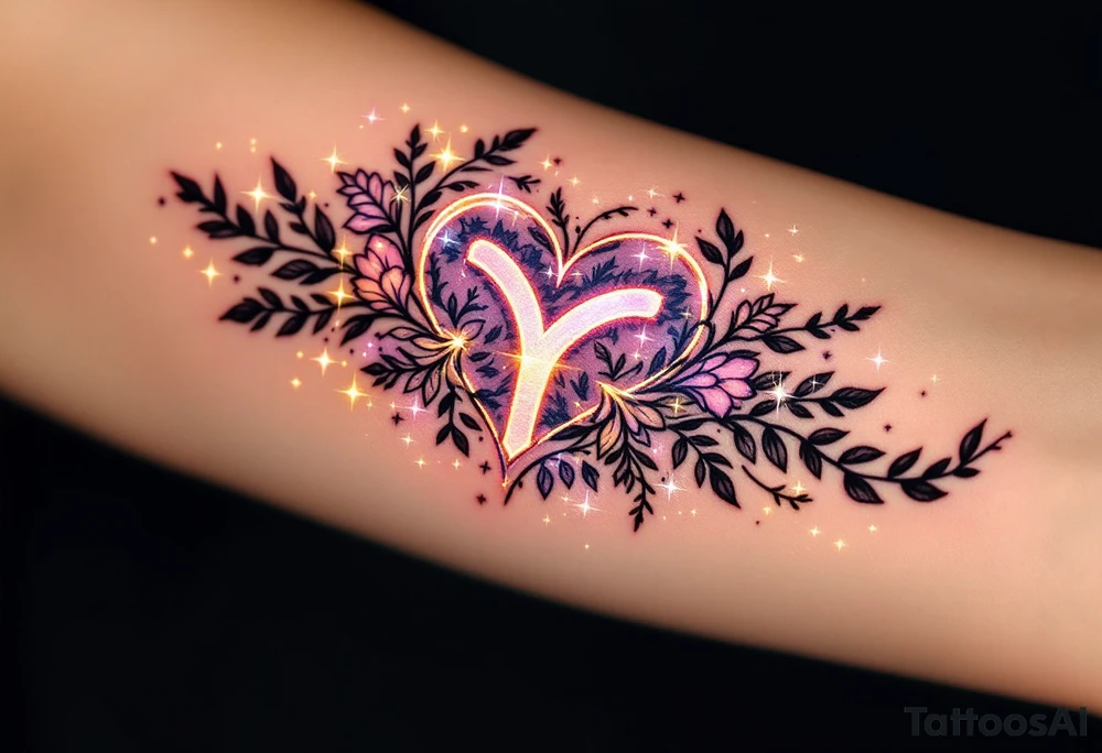 A symbol for symbol for love rune in sharp, clean lineswith intricate carvings surrounded by delicate vines and floral motifs. The design glows with a soft lavender and gold light, with sparkling stars to symbolize love that transcends space and time. tattoo idea