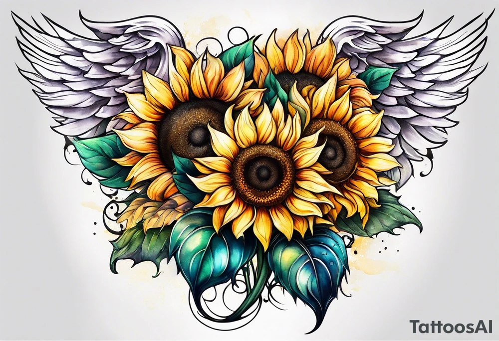 Sunflowers and angel wings leg sleeve tattoo idea