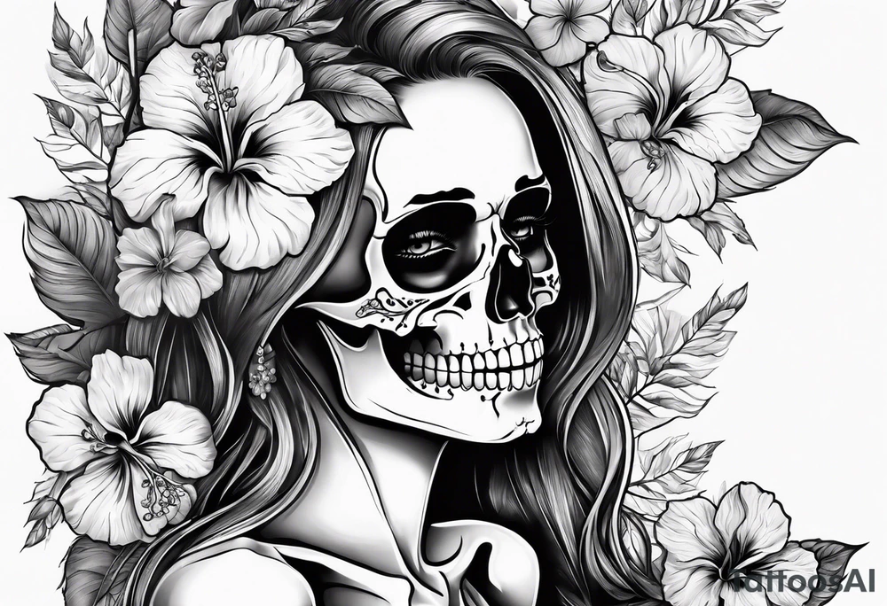 a full female skeleton with hibiscus flower. tattoo idea