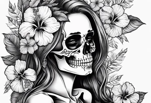 a full female skeleton with hibiscus flower. tattoo idea