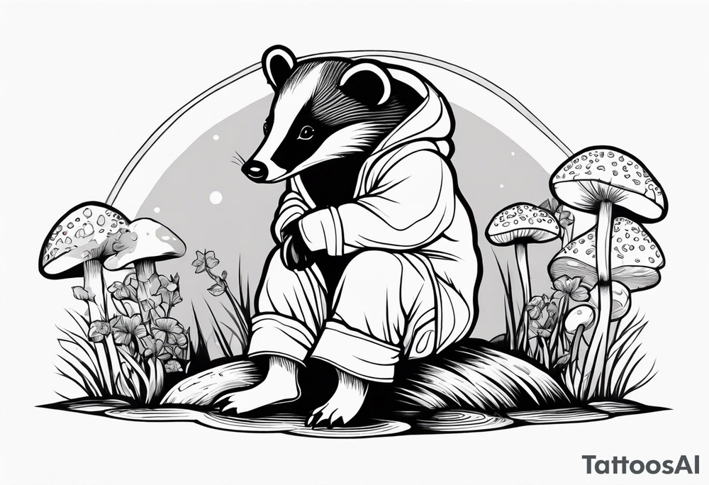 Badger in a coat sitting on a mushroom tattoo idea