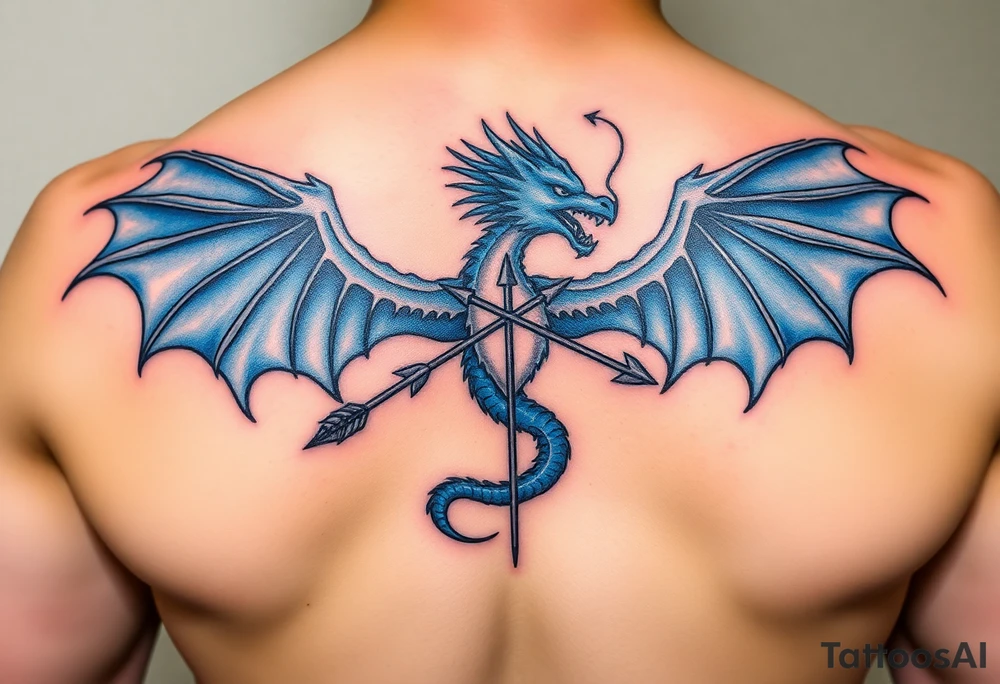 Blue fire breathing dragon with an arrow through its chest and wings spread tattoo idea