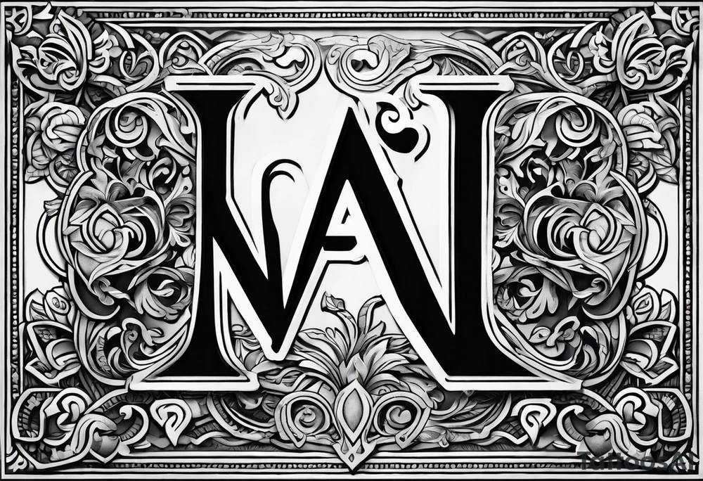 The initials N.A.J.E. in edwardian script surrounded by symmetrical smoke and intricate design tattoo idea