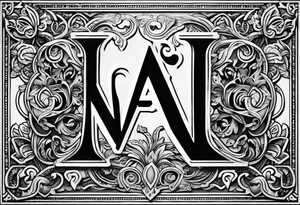 The initials N.A.J.E. in edwardian script surrounded by symmetrical smoke and intricate design tattoo idea