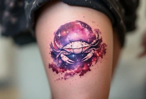 A pale crab silhouette floats within an ethereal pink and violet galaxy containing the Cancer stars. tattoo idea