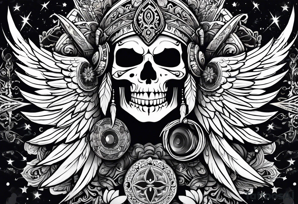 kali, goddess pirate, pachamama, valkrye, warrior, skull, lotus azul, wing, eagle, zenza resonance, stars tattoo idea