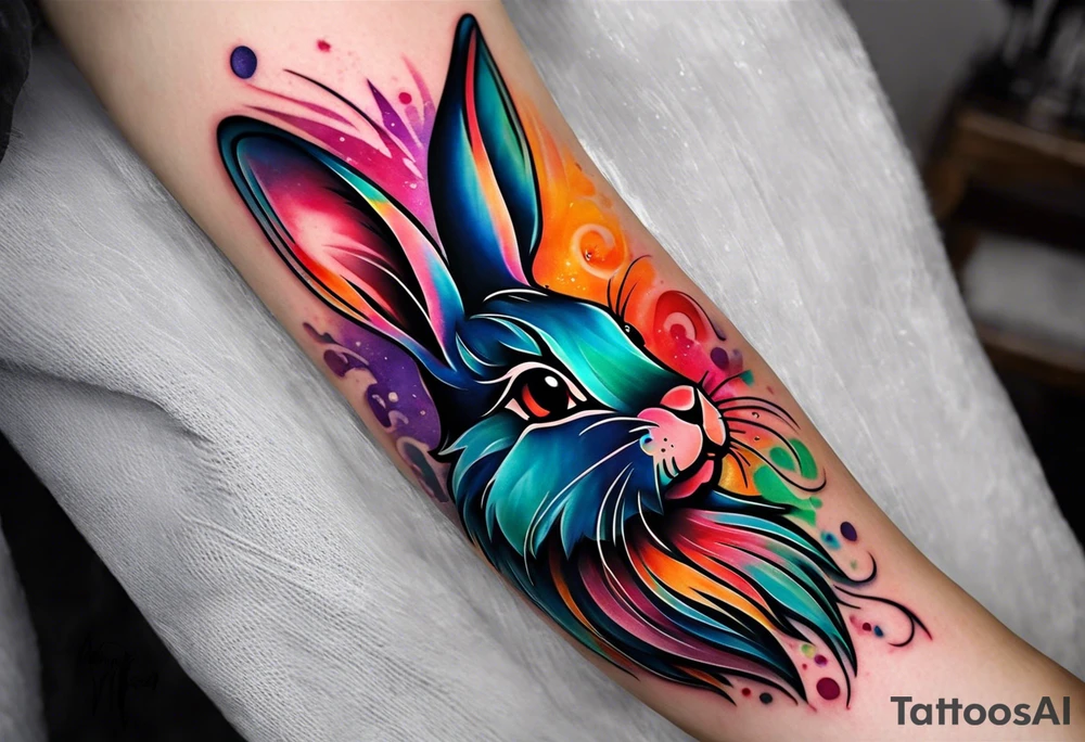 I would like a colorful bunny tattoo for my daughter because she loves bunnies and at the same time she is a pig, I would like the bunny to preferably have some combination with a pig, and then her birthday is April 9, and I would like the bunny to be kind of in the style of something like Iron Man, with the number 0409 on the armor. I'm more of a geometric person myself so I'd like her to not be a full pattern but cut by diamonds or triangles tattoo idea
