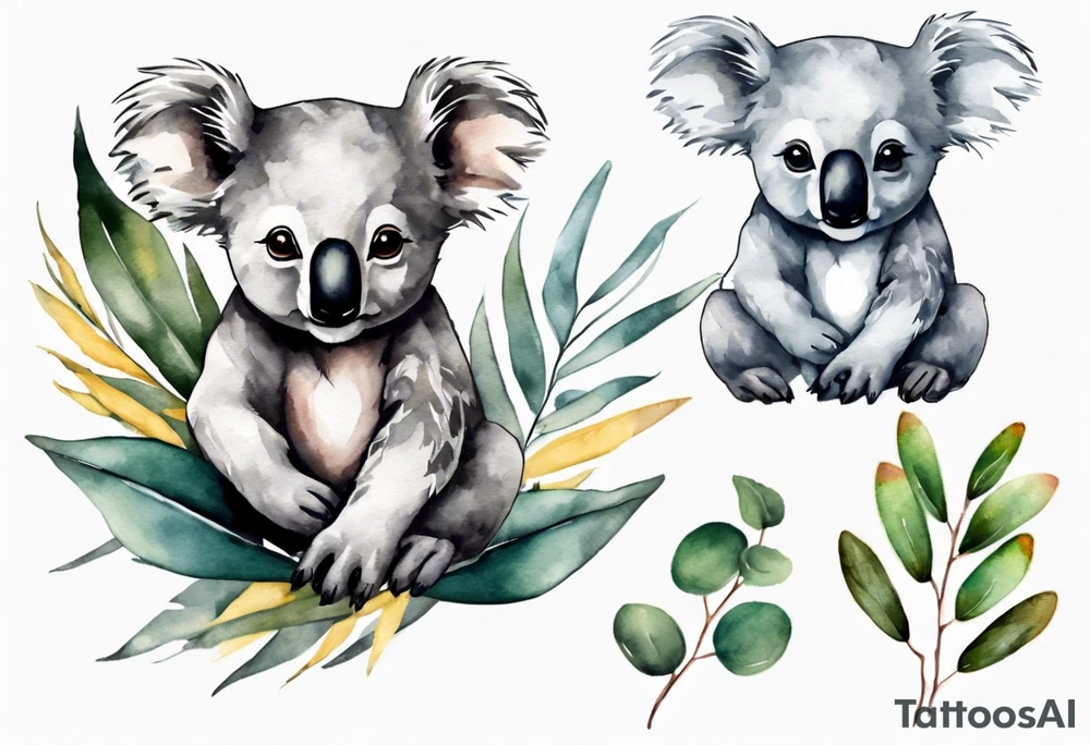 koala sitting on wattle and eucalyptus leaves tattoo idea