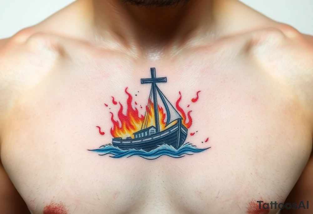 Boat on fire with cross as mast. Water colour tattoo idea