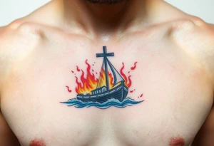 Boat on fire with cross as mast. Water colour tattoo idea