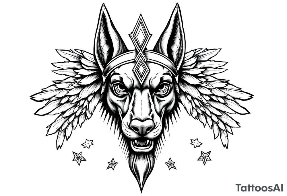 Egyptian Anubis god face muscle in Egypt style  with mantle on head

dog face surrounded Egyptian symbols based on elements tattoo idea