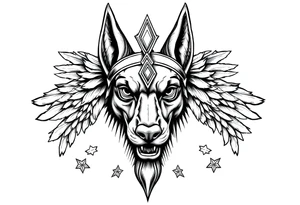 Egyptian Anubis god face muscle in Egypt style  with mantle on head

dog face surrounded Egyptian symbols based on elements tattoo idea