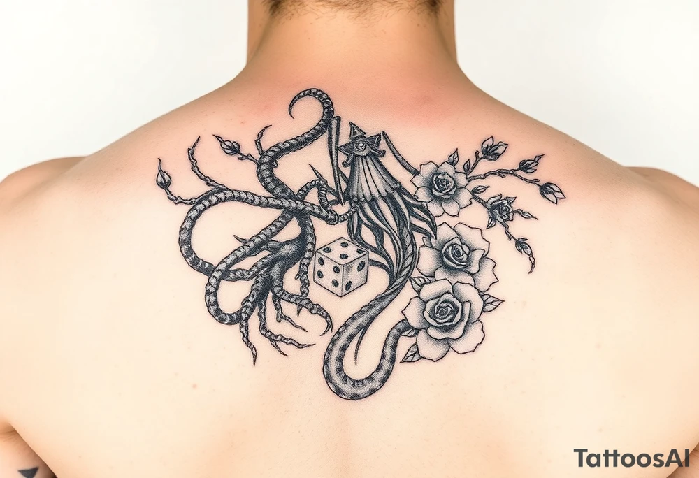 knight and squid combined with tree roots, cherry blossoms and roses rolling dice tattoo idea