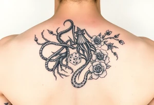 knight and squid combined with tree roots, cherry blossoms and roses rolling dice tattoo idea