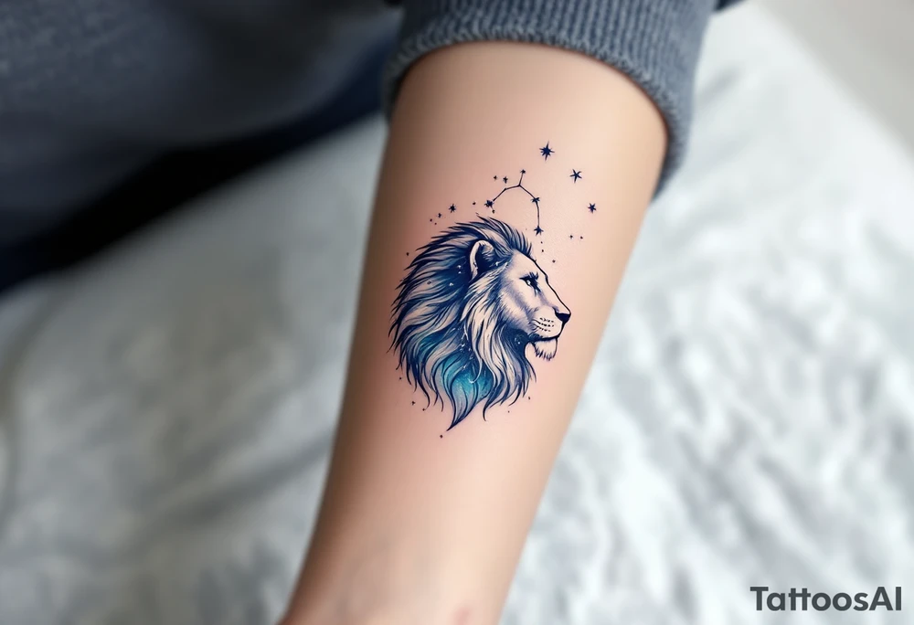 A celestial lion formed from stardust and soft gray shading lies beneath the Leo star constellation, in a wash of indigo and teal. tattoo idea
