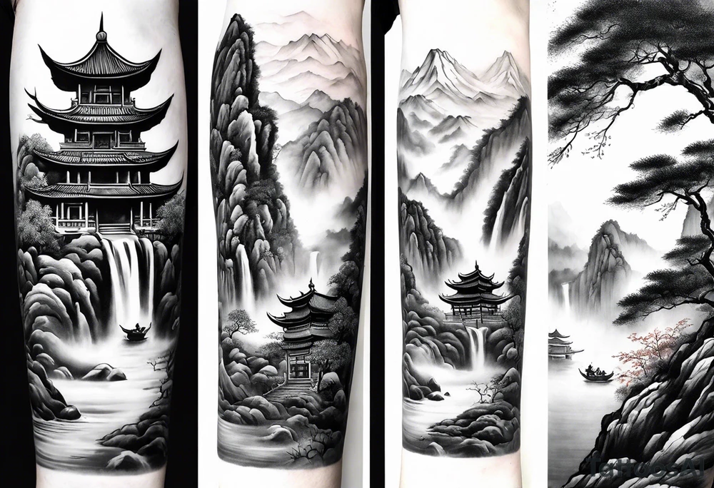 forearm sleeve traditional chinese art painting Chinese temple two old men wearing robes and drinking tea mountains mist fog waterfall tattoo idea