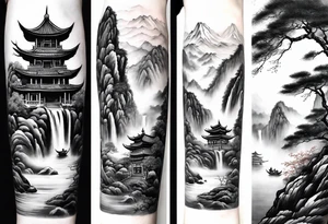 forearm sleeve traditional chinese art painting Chinese temple two old men wearing robes and drinking tea mountains mist fog waterfall tattoo idea