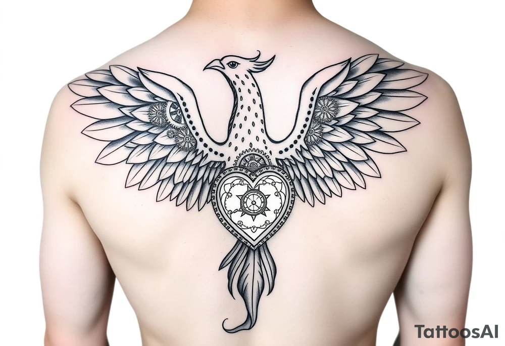 A stylized phoenix rising with feathers composed of intricate clock gears and mechanical parts. The chest reveals a glowing clockwork heart symbolizing emotional depth, love, and resilience amidst anxiety. The design combines fine line and dotwork detailing on the mechanical elements with bold, clean lines for the phoenix silhouette. Minimal shading emphasizes contrast and highlights the glowing heart. tattoo idea