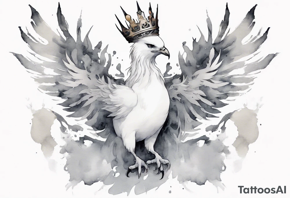 a white phoenix wearing a grey crown tattoo idea